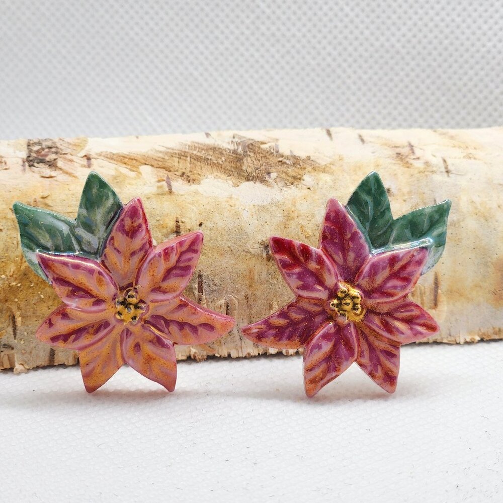 Ceramic porcelain poinsettia earrings rose pinkish